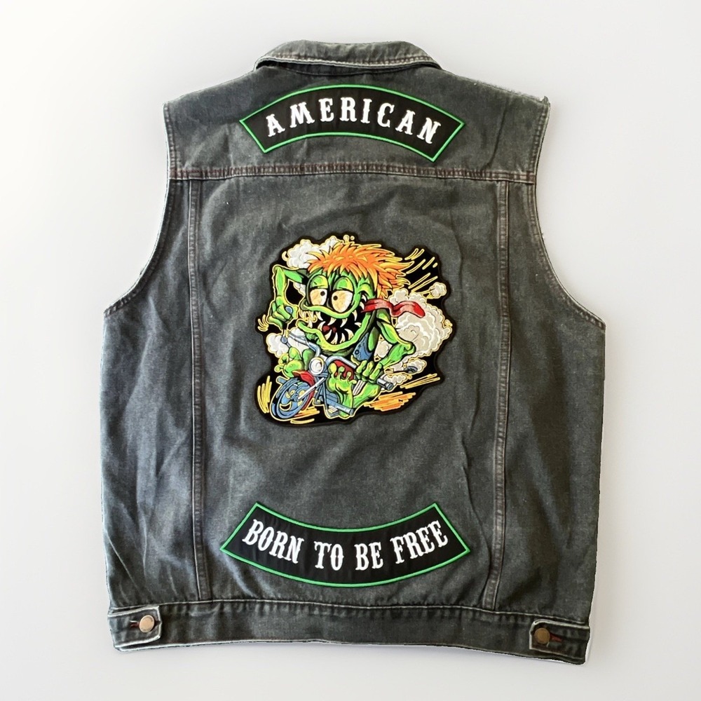 Falmer Heritage Mens XL Black One Of A Kind Denim Vest Patches Embroidery Biker